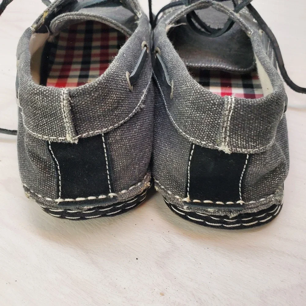 GBX Mens Boat Shoes Charcoal Denim‎ Canvas Plaid Lining Moc Toe 13M Street-Savvy